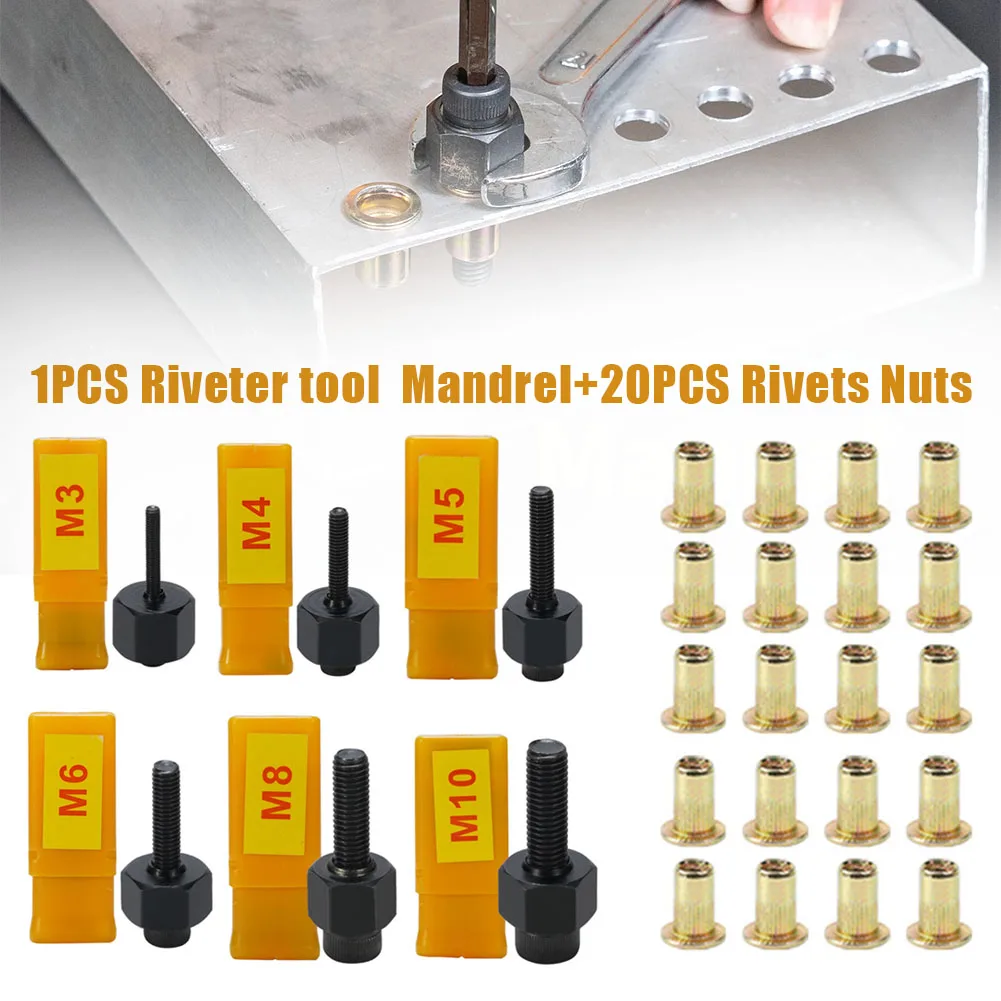 Rivet Gun Hand Rivet Nut Gun Head Nuts Riveter Tool Rivet Nut Gun Riveting Riveter Tool With 20 Pcs Steel Nuts Set M3 M5 M6 M8 M10