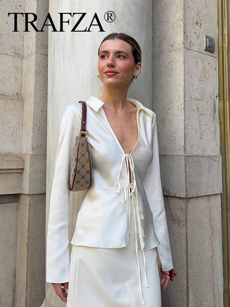 TRAFZA Casual Slim Long Sleeve Turn Down Collar Blouses 2024 Woman Satin Shirt Fashion Bow Embellished Satin Silk Texture Shirt