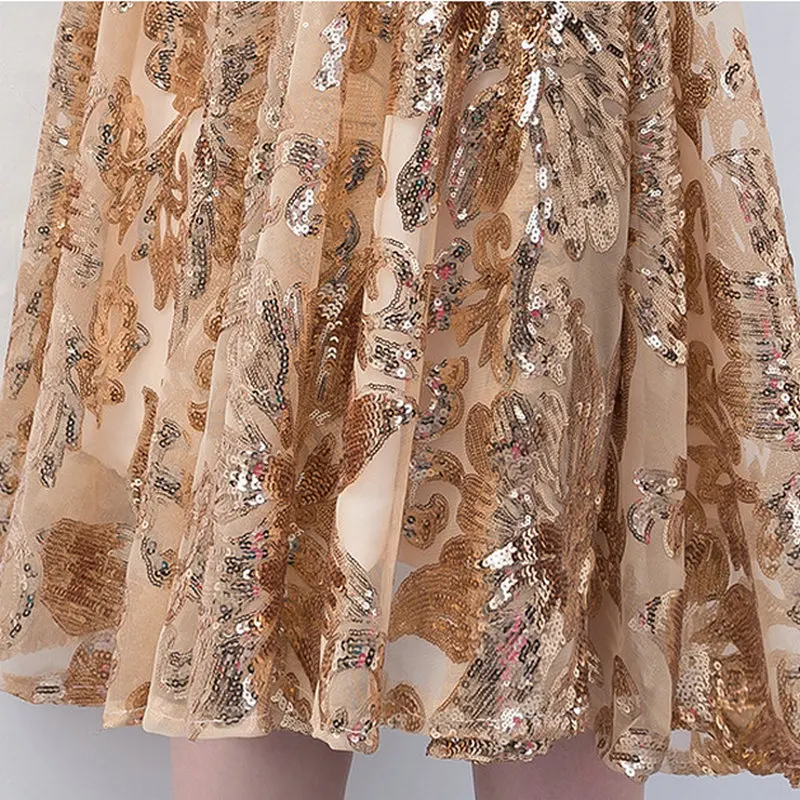 LANMU Gold Sequins evening Party dress Soiree O-neck Slim Waist A-line Vestidos 2024 New  vestido de festa prom dresses