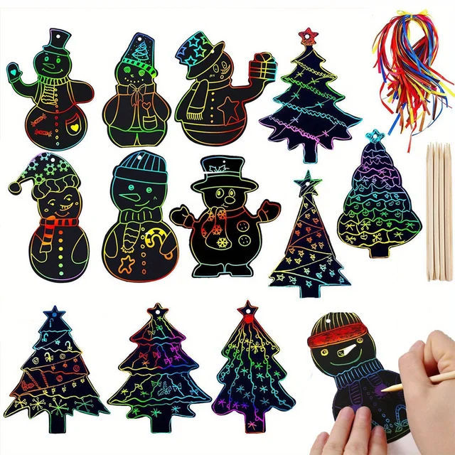 48Pcs Christmas Rainbow Scratch Paper Xmas Tree Snowman DIY Hanging Ornaments for Kids Gifts 2024 Navidad Party Decor Supplies 1