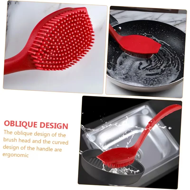 Silicone Long Handle Dishwashing Brush with Soft Bristles - Hangable & Durable Non-Scratch Scrubber