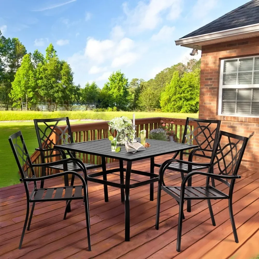 

Outdoor Garden Dining Table and Chairs Set, 4 Stackable Metal Chairs,Modern Patio Furniture Sets