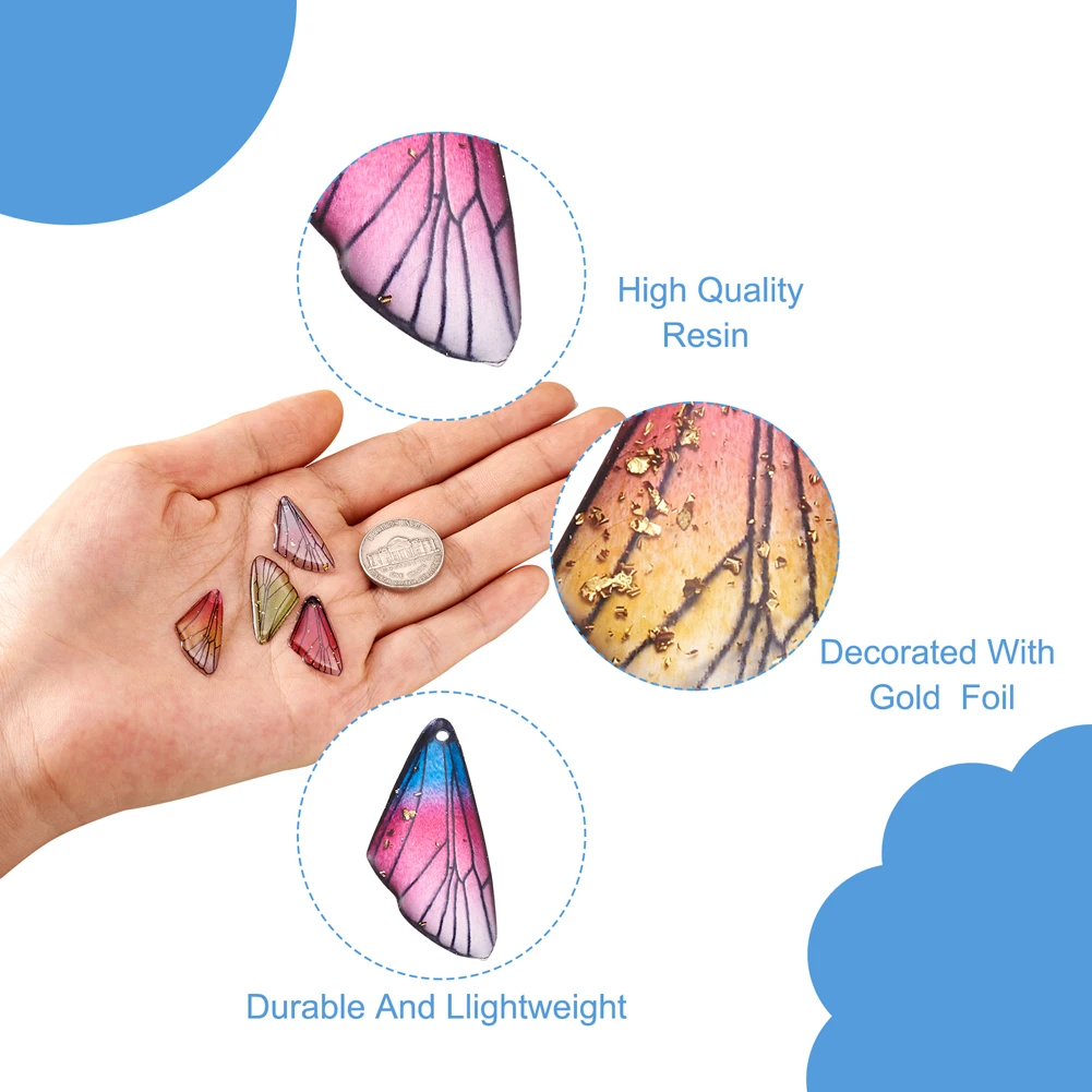 100Pcs Insects Wing Colored Transparent Resin Pendants with Gold Color Foil Charms for DIY Necklace Bracelet Jewelry Making