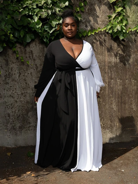 Cm.yaya Elegant Plus Size Women Curve Black White Colorblocked Long Sleeve  Wraped Sashes High Waist V-neck Slim Maxi Long Dress - Plus Size Dresses -  AliExpress