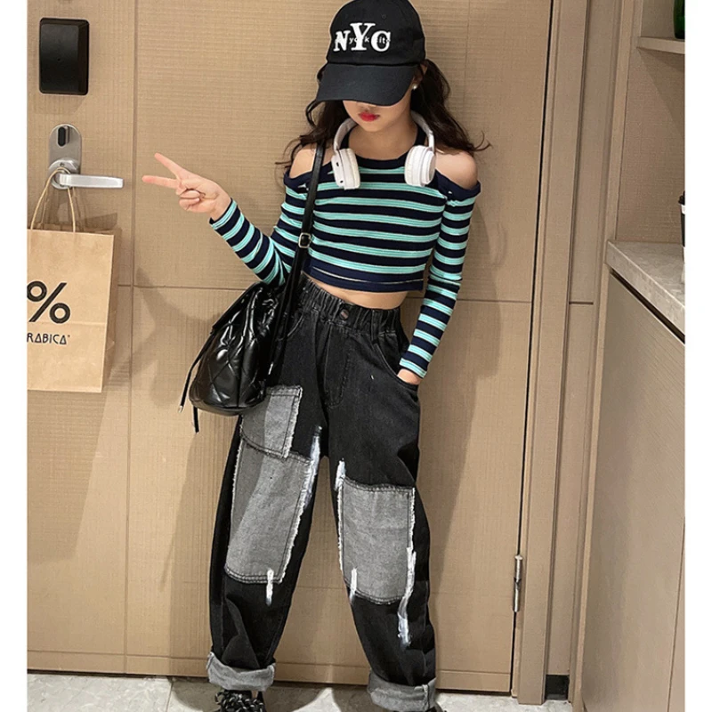 

Spring Streetwear Suit for Teen Fashion Striped Off-the-shoulder Top + Patchwork Denim Pant 2pcs Casual Girl Clothes Set 4-14Yrs