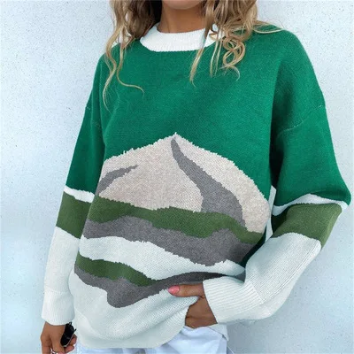 

2022 Autumn And Winter Women's Large Relaxed Contrast Long Sleeve Round Neck Knitwear Slouchy Sweater Top