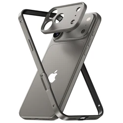 Sleek Aluminum Alloy Phone Frame with Metal Camera Lens Protector and Silicone Shockproof Bumper - iPhone 15 Plus (Original Titanium)