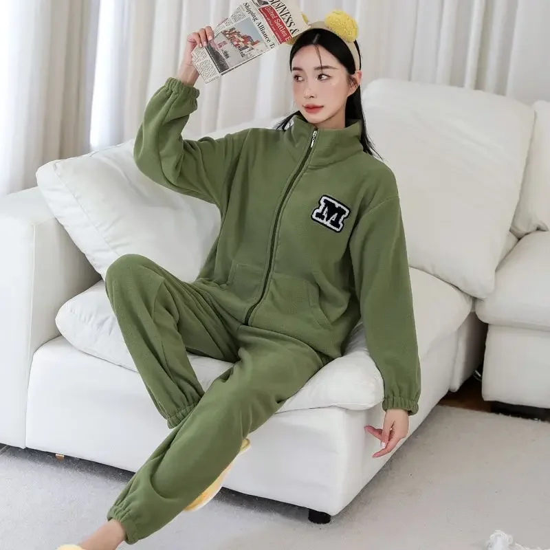 2024 Pajama Women's Autumn Winter Fleece Thickened Loungewear Plus-size Sweet Warm Sleepwear High-neck Loose Fleece Homewear