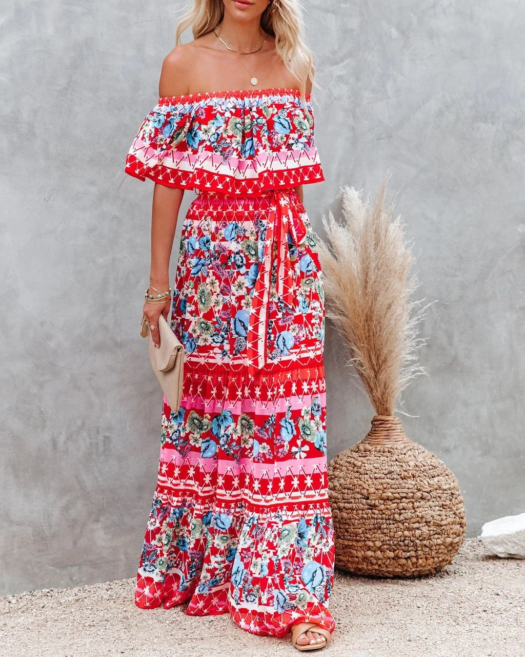 Flower Print Off Shoulder Long Dresses For Women Spring Summer New Fashion Temperament High Waist Leace-up Dress Female Vestidos 21 undefined