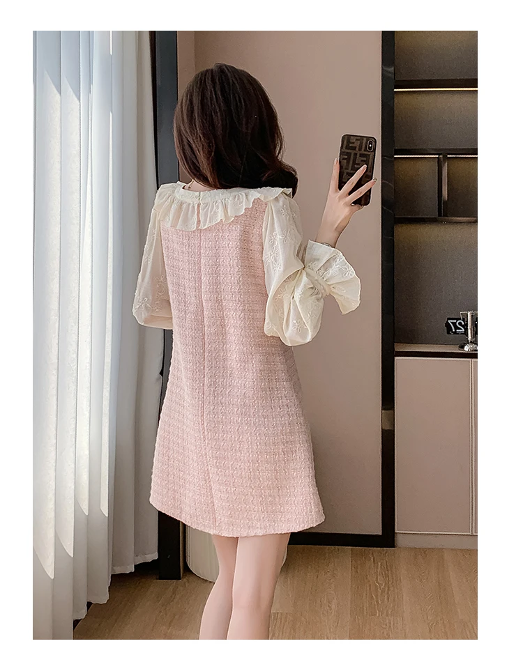 Autumn Winter Luxury Ruffles Tweed Dresses For Women Korean