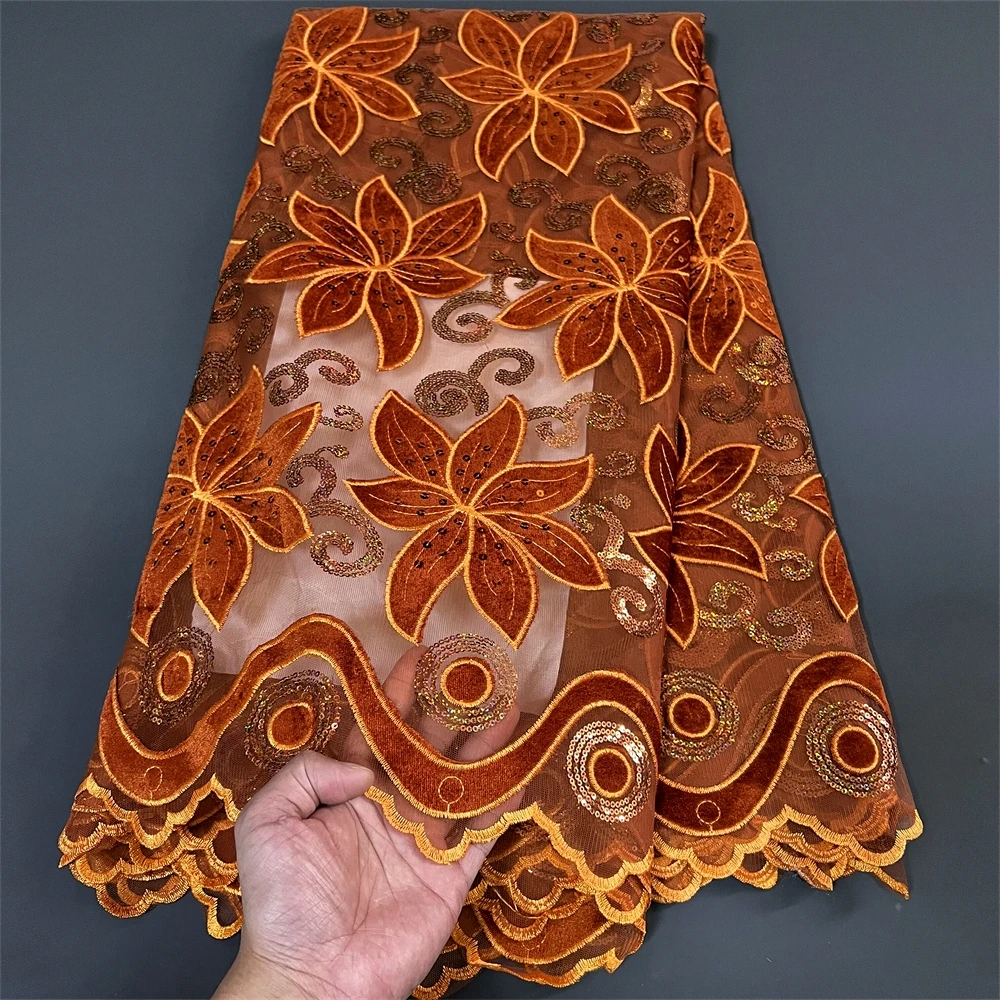 

2024 Африканский нигерийский Высококачественный кружевной материал для шитья, бархатные блестки, вышитый шнур из гипюра, искусственное свадебное платье 5 ярдов hz1258