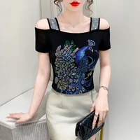 Streetwear Sexy Off-Shoulder Summer T-shirt for Women High Quality Luxury Shiny Diamond Tees Slim Fit Girl Top European Clothing - Image 5