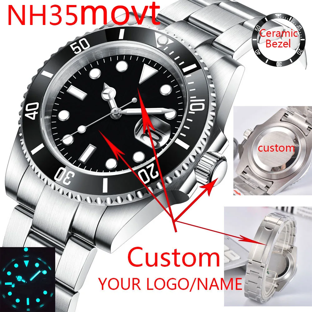 Mechanical watch DIY Custom Logo 40MM Sapphire 8215Automatic NH35 Mechanical Mens WristWatch Sterile Dial Ceramic 10Bar Luminous Sport Male Clock