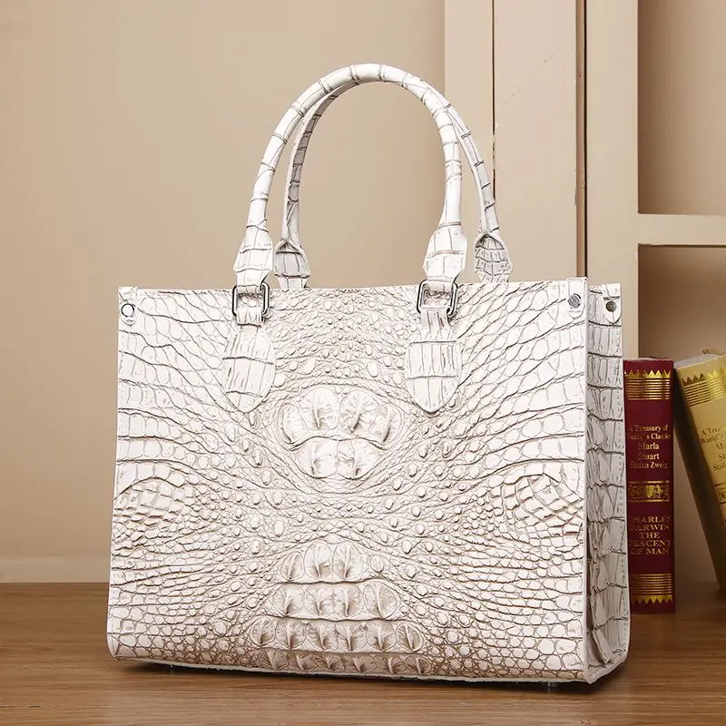 

Luxury Fashion Genuine Leather Women's Handbag Crocodile Bone White Tote Bag Large Capacity Portable Shoulder Messenger Bags