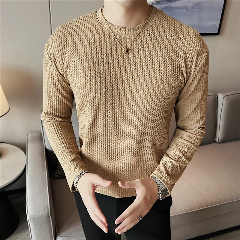 

High Elastic Thicken Men's T-shirts Autumn Long Sleeve Round Neck Tee Tops Business Social Casual Slim Fit Bottoming Shirt 2022