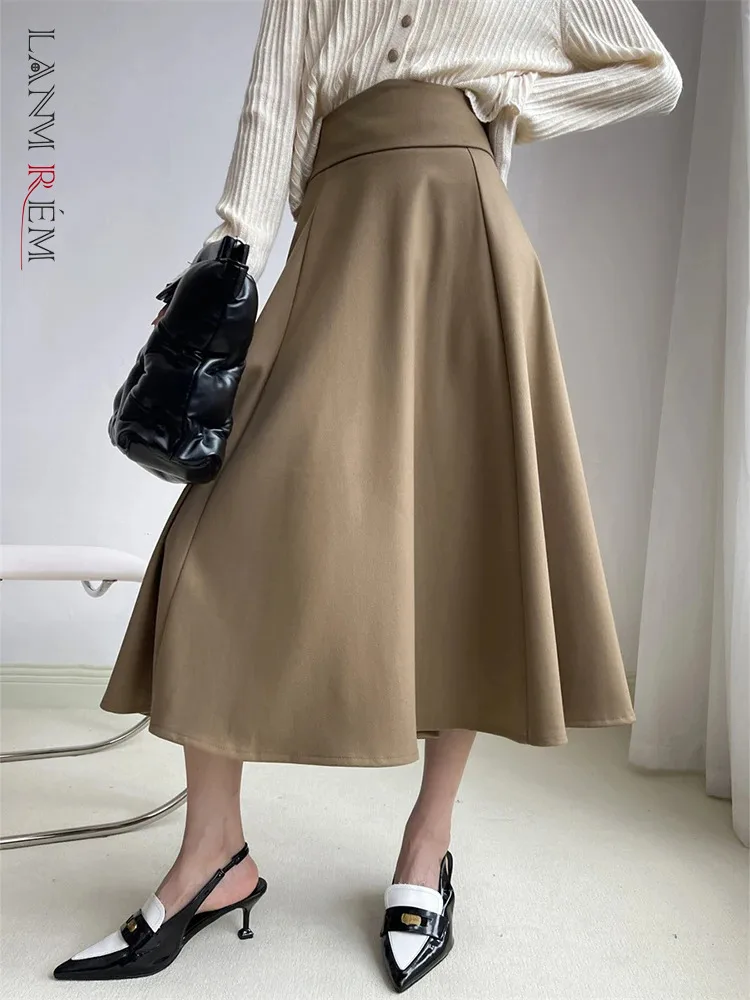 

[LANMREM] Elegant High Waist Pleated Skirts For Women Solid Mid-length A-line Female Clothing Fashion 2023 Winter New 26D6721