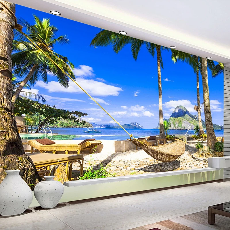 Custom Mural Papel De Parede 3D Landscape Blue Sky White Clouds Seaside Beach Hammock Photo Wallpaper Living Room Bedroom Decor auspicious clouds and chinese dragon print kimono xl ocean blue