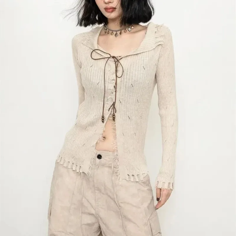 New Autumn and Winter Street Lace-up Cardigan Fashion Knitwear Long-sleeved Sweater Casual Elegant Semi-transparent Blouse