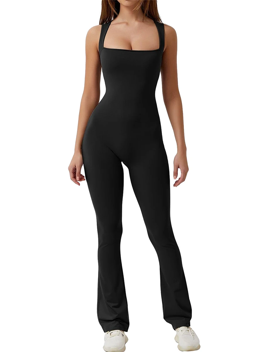 Women's Full-Length Tank Slim and Sexy Jumpsuit Solid Color Long Sleeve Low Cut Square Neck Bodycon Romper for Yoga