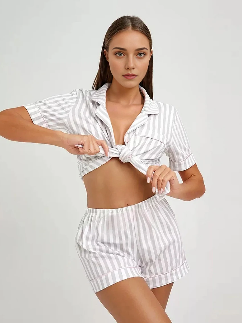 Marthaqiqi Striped Nightwear Set Sexy Turn-Down Collar Pajama Short Sleeve Nightgowns Shorts Casual Women Sleepwear 2 Piece Suit