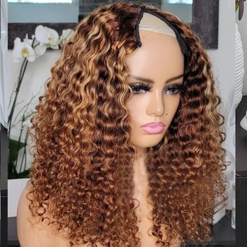 Highlight Honey Blonde Jerry Curly V Part Wig With Cilps 100% Human Hair Water Wave Glueless Ombre Brown U Shape Wigs Full End