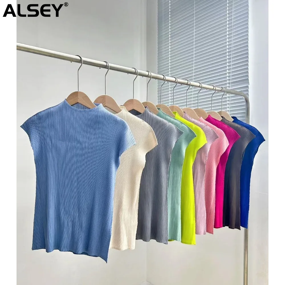 

Классический Простой однотонный плиссированный топ ALSEY Miyake с воротником-стойкой, женская новая тонкая футболка с коротким рукавом, повседневные брюки