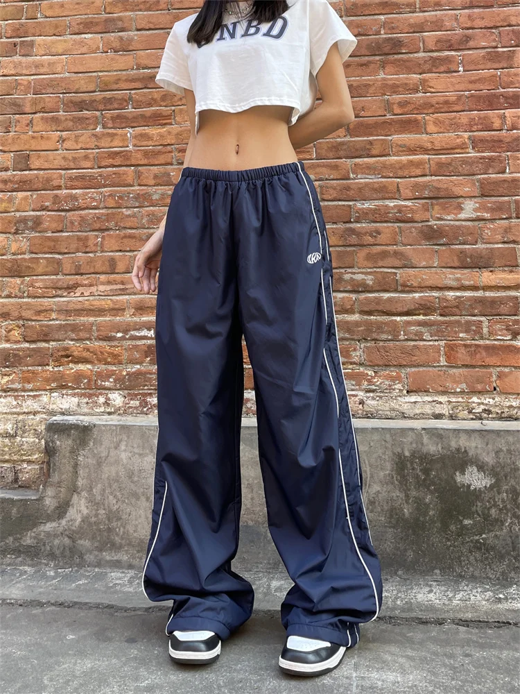 QWEEK Y2K Vintage Navy Blue Track Pants Women Gorpcore Streetwear Gray  Sports Trousers Oversize Korean Black Wide Leg Sweatpants