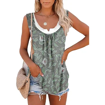 2026 Summer New Arrival Women's Two-Piece Look Sleeveless Tank Top Leaf Print Loose Casual Camisole with Pockets 1