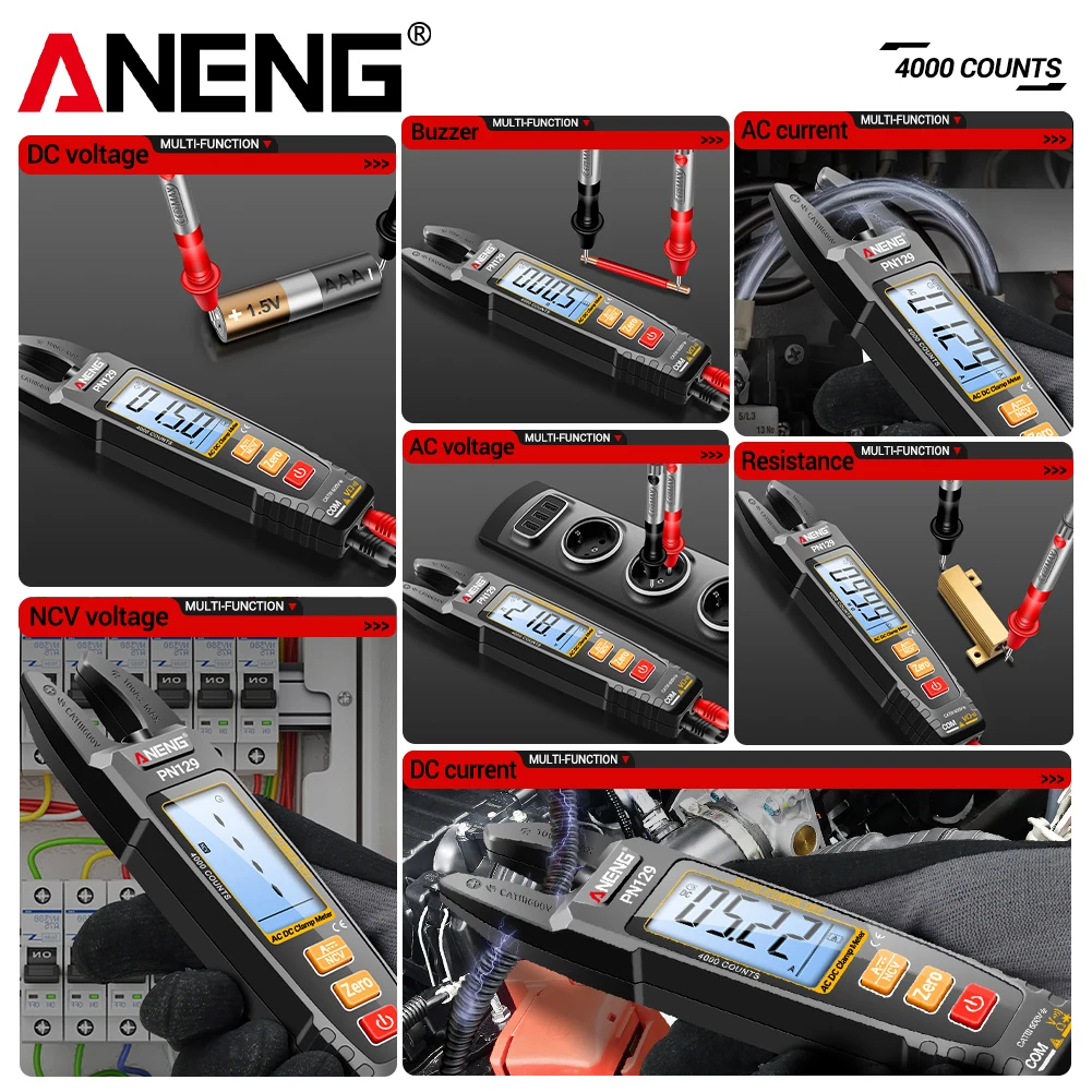 ANENG PN129 Clamp Meter U-shaped Smart 4000 Counts Multimeter Pliers AC/DC 600V Voltage Current Resistance NCV Sensing Test Tool