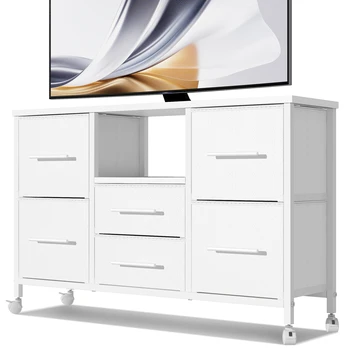 Chest of Drawers for Bedroom with 6 Drawers Long TV Stand with Storage Shelf Clothes Storage Unit with 4 Castors Fabric Drawers