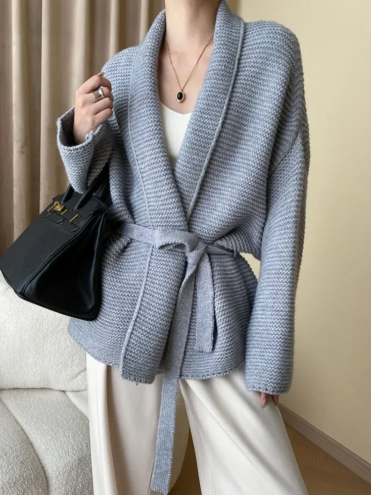 

Knitted Cardigan Sweater Loose Lace Up Waist Retraction Oversized Cardigan Autumn New Grey Warm Fashion Coats for Women 2023