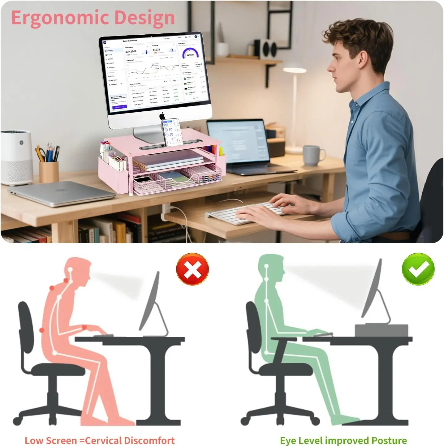 Pink Wood Monitor Stand with Drawer 2