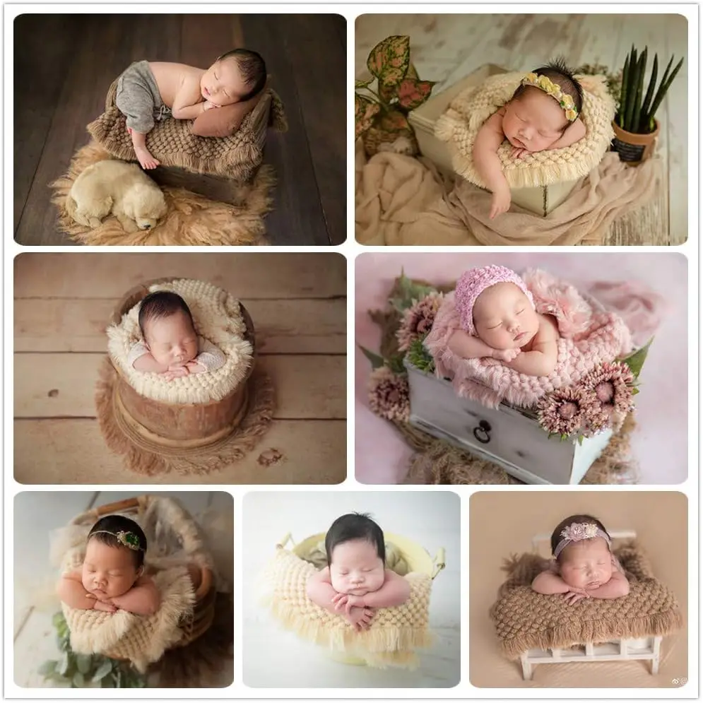 Baby Photography Props: Beige Braid Wool Basket Filler and Blanket