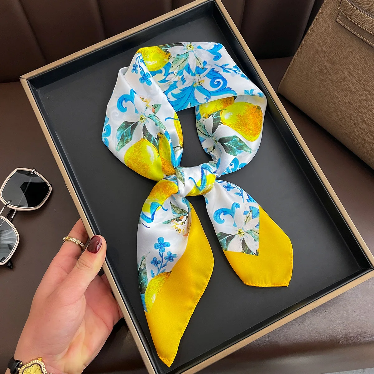 Yellow Lemon Print Square Silk Scarf - Fashionable Neck Tie & Decorative Neckerchief
