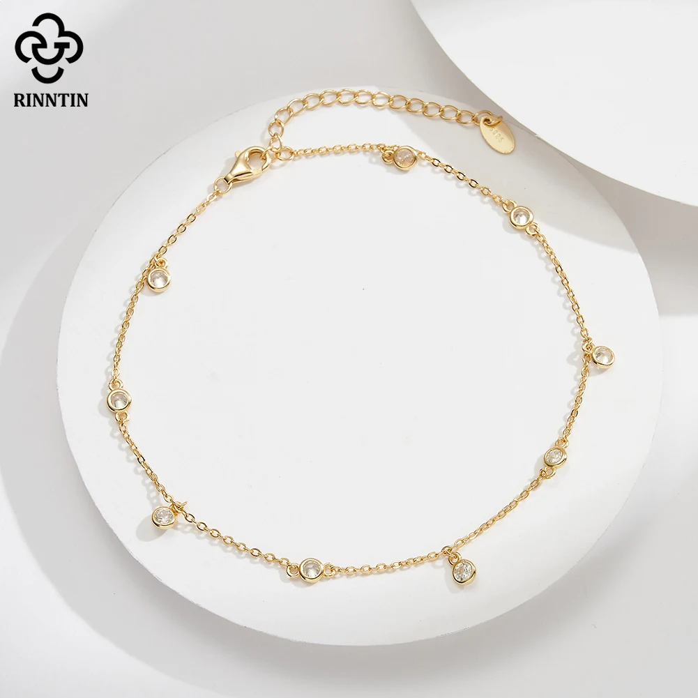 Silver Anklets Rinntin Genuine 925 Sterling Silver Brilliant Cubic Zirconia Anklet for Women Adjustable Summer Foot Chains Jewelry SA70