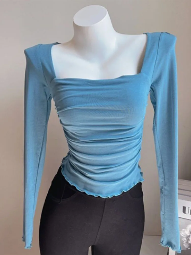 

Square Neck Pleated Long Sleeved Slim Top Women Pure Desire Double Layer Thin Undershirt Hotsweet Korean Fashion Spring Summer
