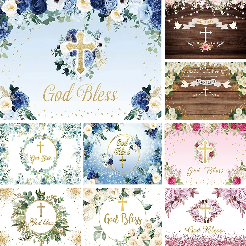 

God Bless Communion Banner Backdrop Sign First Baptism Decoration Holy Christening Girl Boy Blue Flowers Photography Background