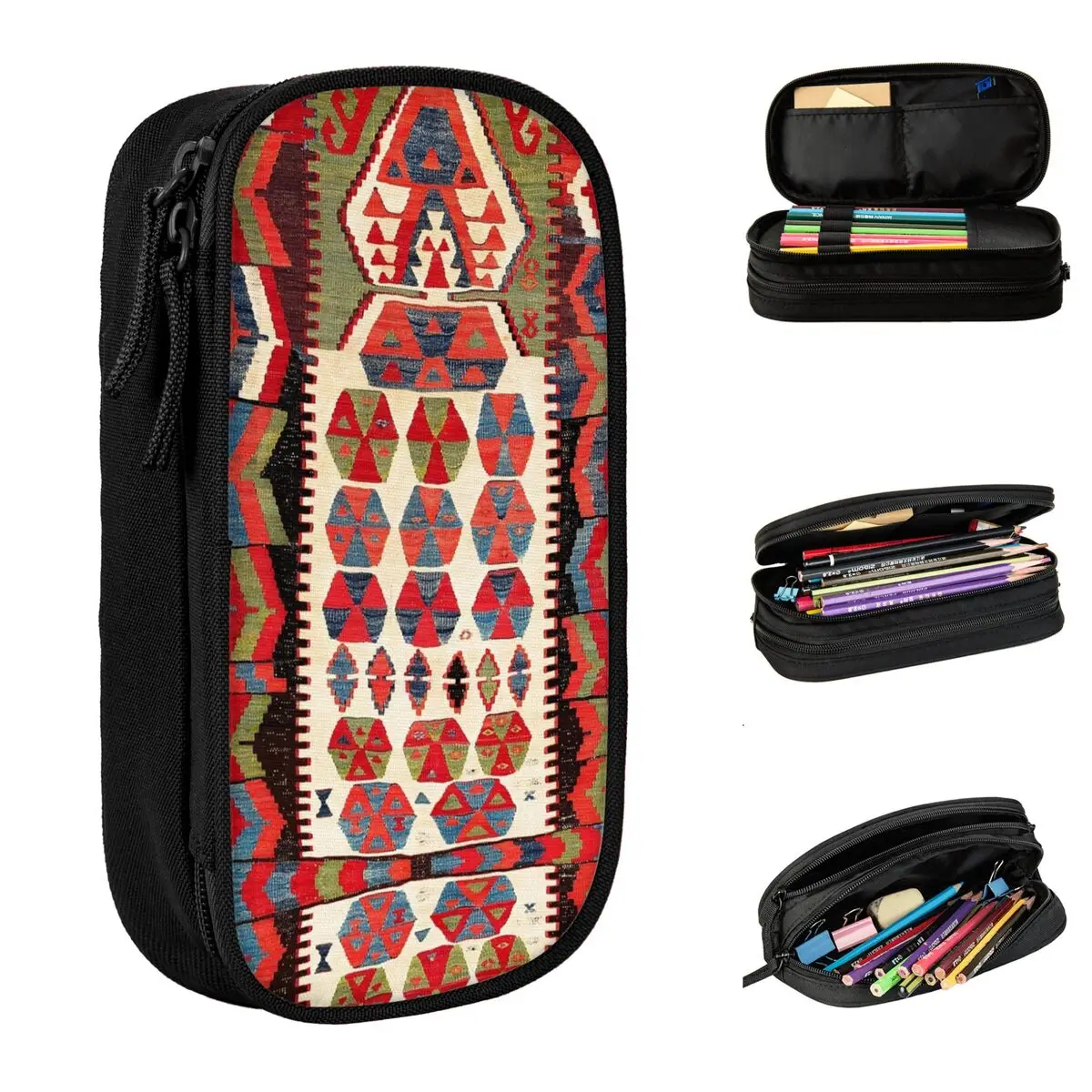 

Large Pen Box Ankara Central Anatolian Niche Kilim Merch Geometric Ankara Double Layer Pencil Bag Girl Makeup Bags Perfect Gifts