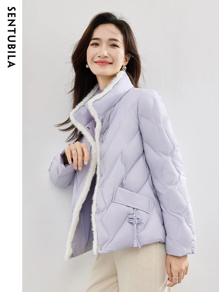 SENTUBILA Women's Crop Down Jacket 2023 Winter White Duck Stand Collar Chinese Style Short Down Coats Warm Jackets Top W34Y49506