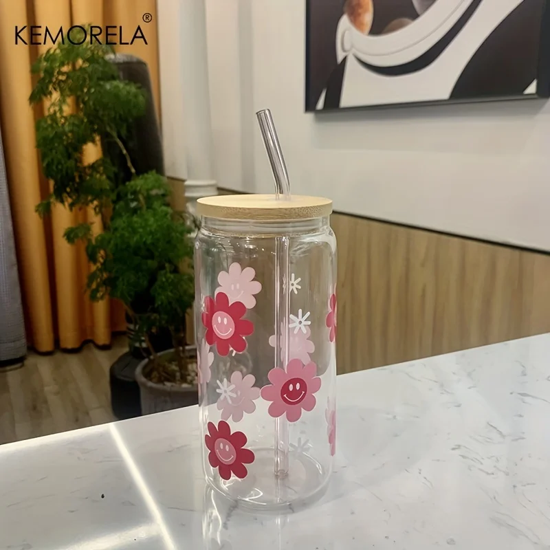 Floral 16 oz Glass Cup with Bamboo Lid