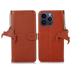 Handmade Genuine Cowhide Leather Flip Case with RFID Anti - theft Magnetic Wallet Cover - iPhone 14 Plus (Brown)