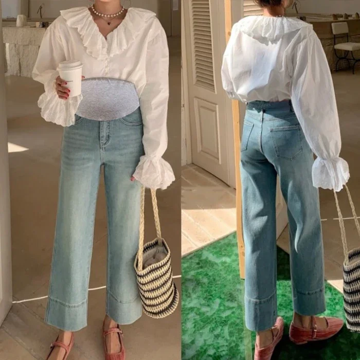 Vintage Stretch Light Denim Maternity Jeans Spring Summer Wide Leg Straight Cropped Pants for Pregnant Women Pregnancy Youth maternity jeans