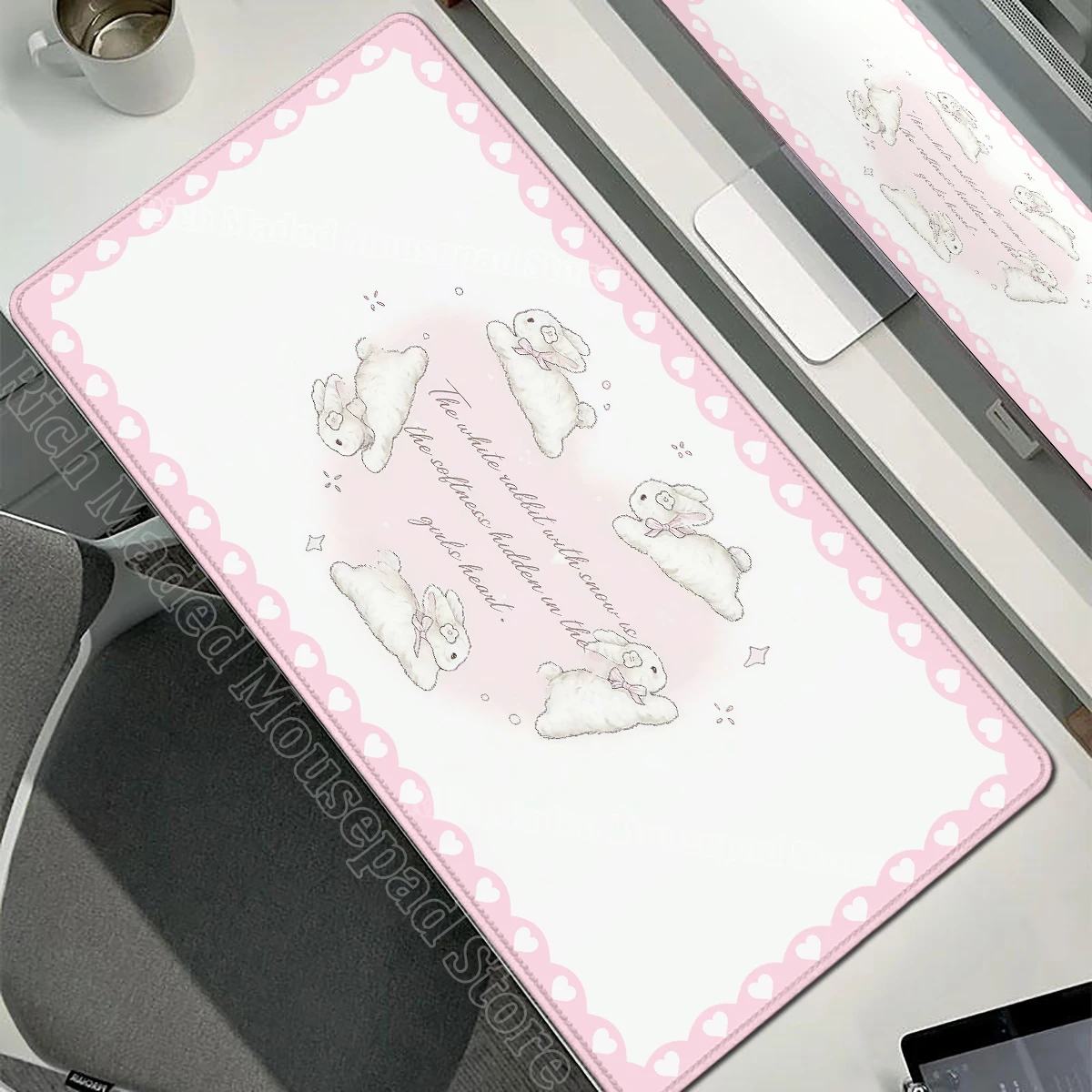 Pink Rabbit XXL Cute Love Gaming Mouse Pad - Non-Slip Soft Surface Desk Mat for Home and Office Decor