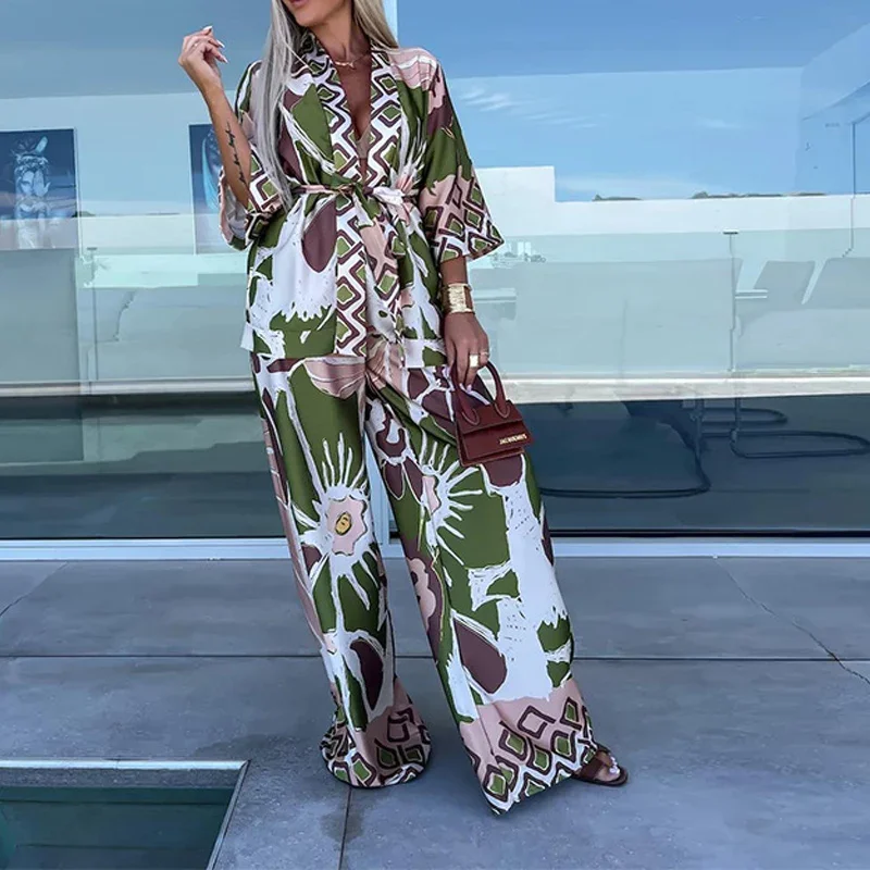 

Fashion Casual Bohemia Print Loose Beach Set Spring Wide Leg Long Pants Suits Autumn Women Quarter-Sleeved Cardigan Shirt Outfit