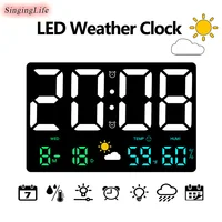 Rectangle Large Screen LED Weather Clock Digital Wall Clock Temperature Humidity Week Date Display Wall Mounted Electronic Clock 1
