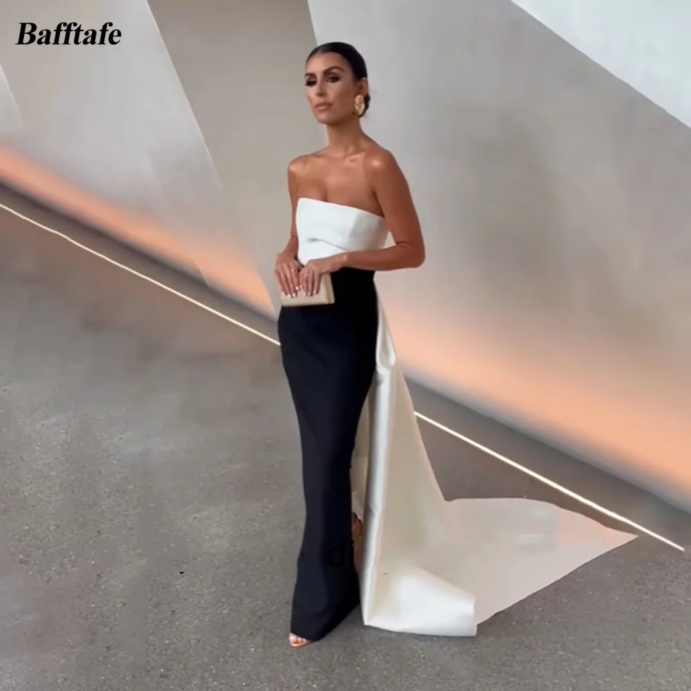 

Bafftafe Black Mermaid Saudi Arabia Evening Dresses Ivory Train Strapless Formal Women Party Prom Dress Wedding Party Gowns