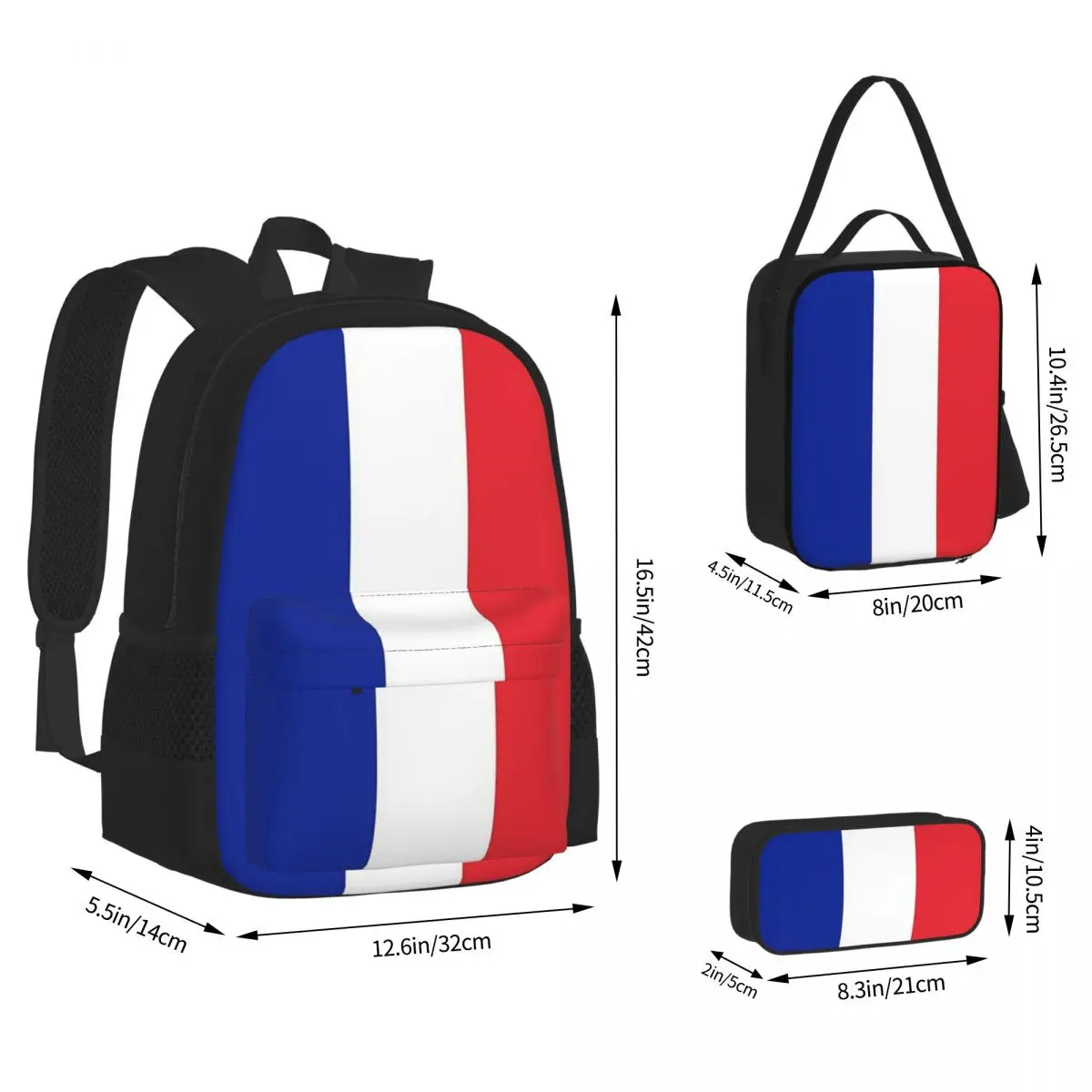 

French Flag Of France Backpacks Boys Girls Bookbag Students School Bags Cartoon Kids Rucksack Lunch Bag Pen Bag Three-Piece Set