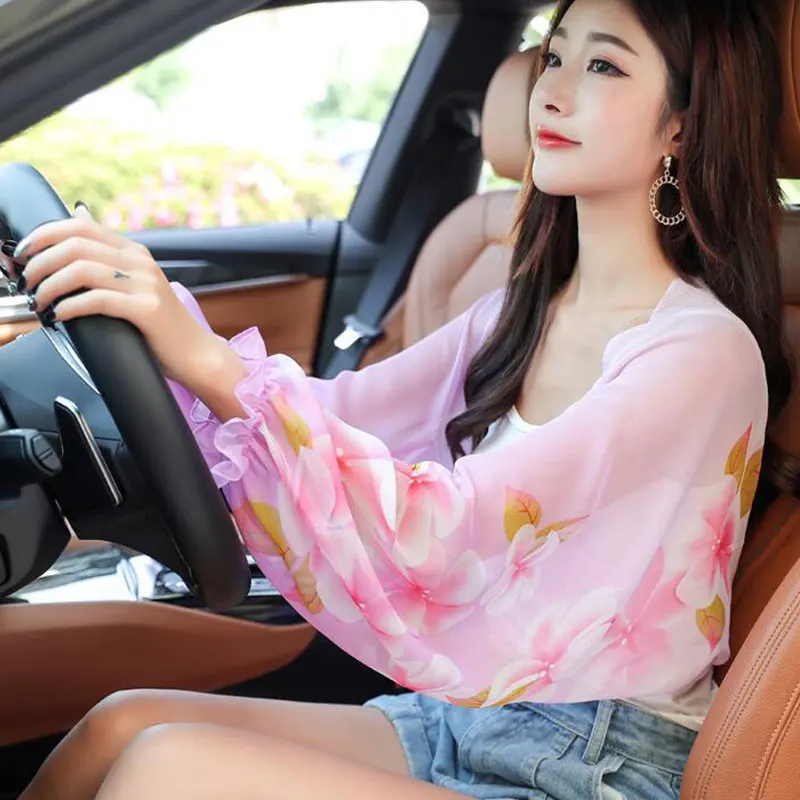 

2024 New Summer Driving Shawls Long Arm Scarves Cover Thin Poncho Chiffon Women Scarf Sunscreen Long Sleeve Fashion Flower