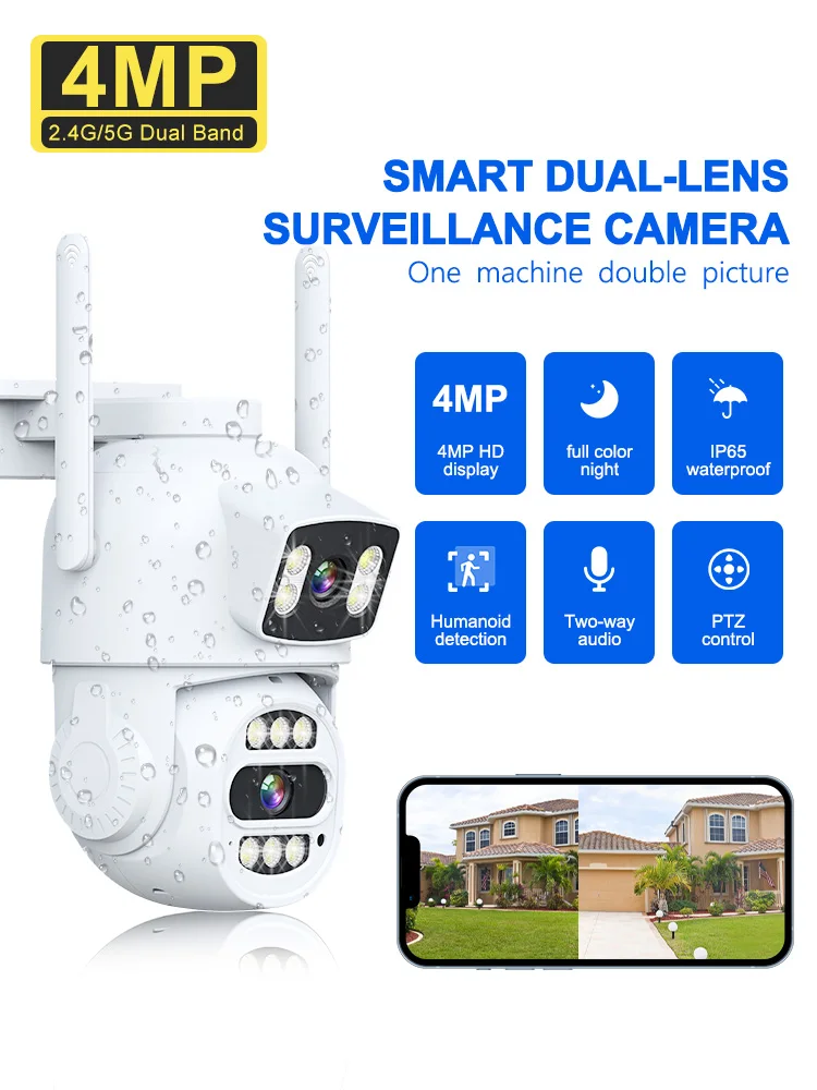 Telecamera di sorveglianza WiFi Telecamera dual-band da 4 MP 2.4/5G Tracciamento automatico wireless Visione notturna a colori Telecamera intelligente a doppio obiettivo