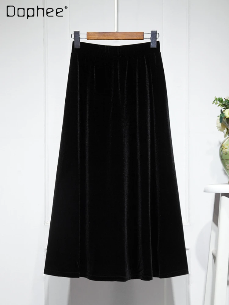 Vintage Woman Elastic High Waist Velvet Mid-Length Skirt 2023 Autumn and Winter New Simple Over-the-Knee A- Line Black Skiirts women s pants suit set woman 2 pieces pants and top velvet two piece single breasted business casual elegant suit groups of pant